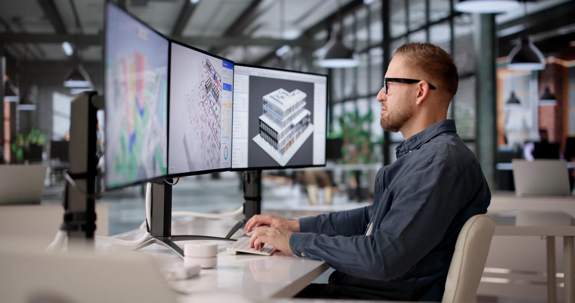 Architect reviewing commercial kitchen drawings on multiple monitors