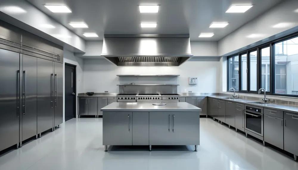Modern commercial kitchen with ventilation hood at Ocean Pearl Seafood