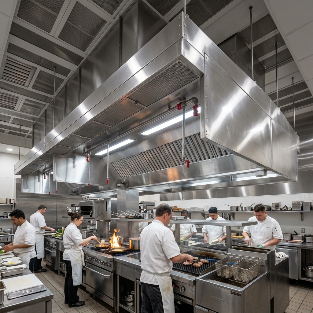 Large-scale stainless steel commercial exhaust hood system above a full restaurant cook line with active chefs