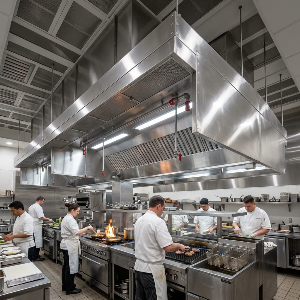Large-scale stainless steel commercial exhaust hood system above a full restaurant cook line with active chefs