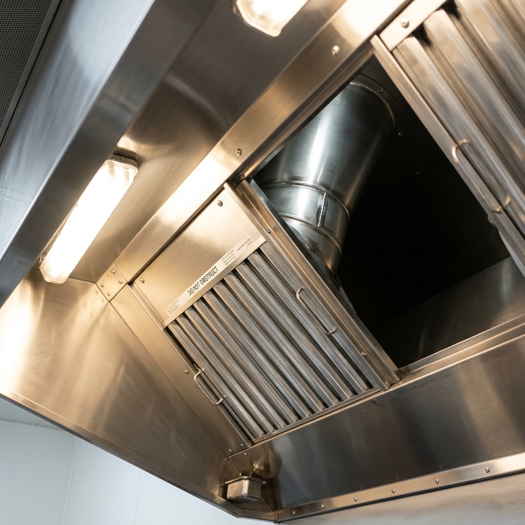 Freshly cleaned commercial kitchen exhaust hood with gleaming stainless steel interior and clean grease filters