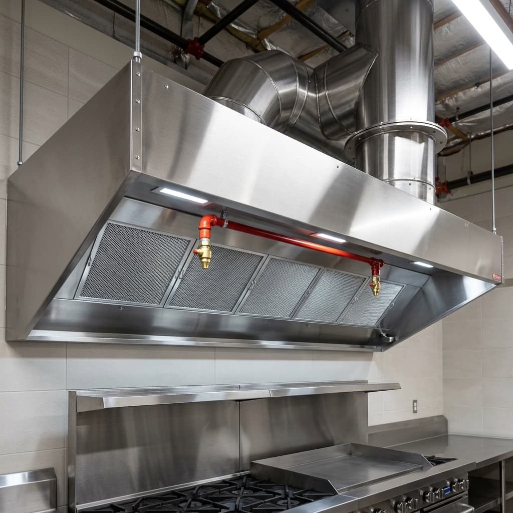 Completed commercial kitchen exhaust hood with fire suppression nozzles and grease filters installed by Hood Builder