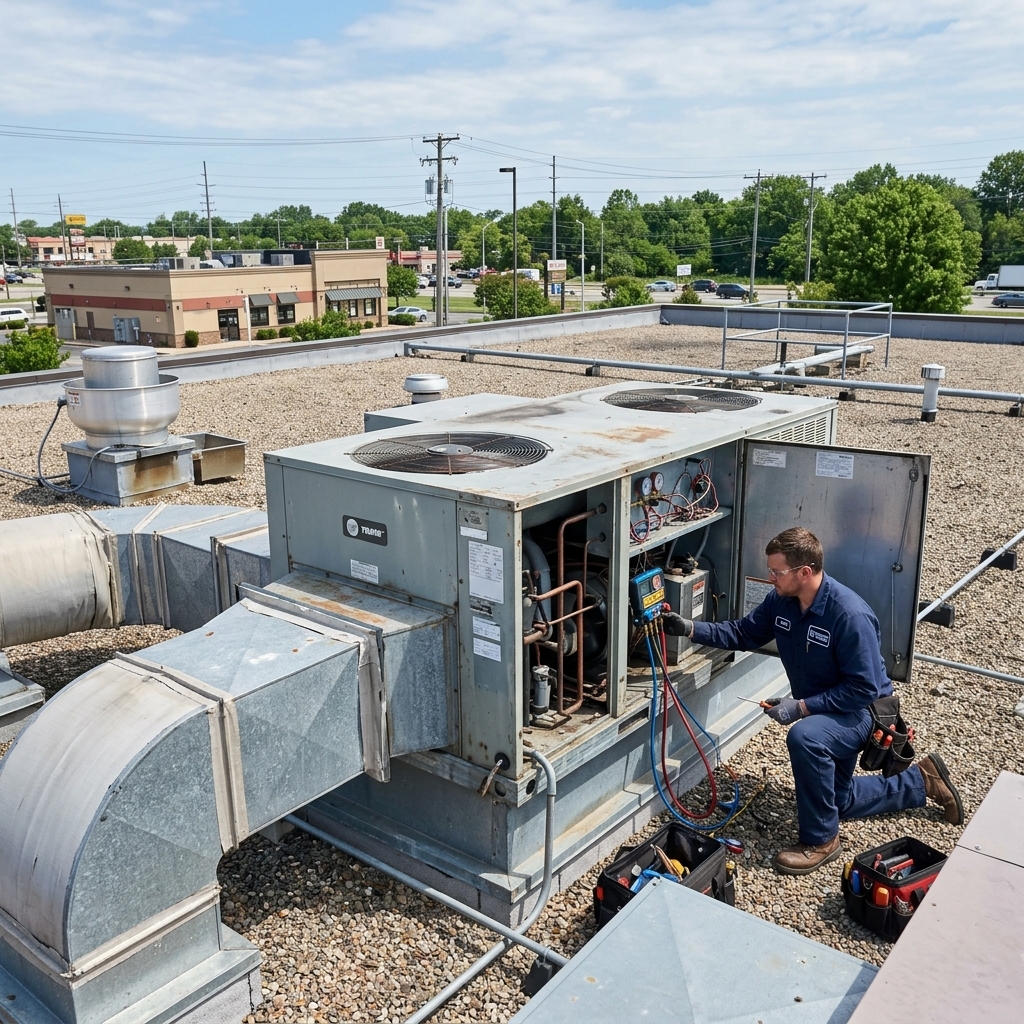 HVAC technician servicing a wall-mounted commercial air conditioning unit
