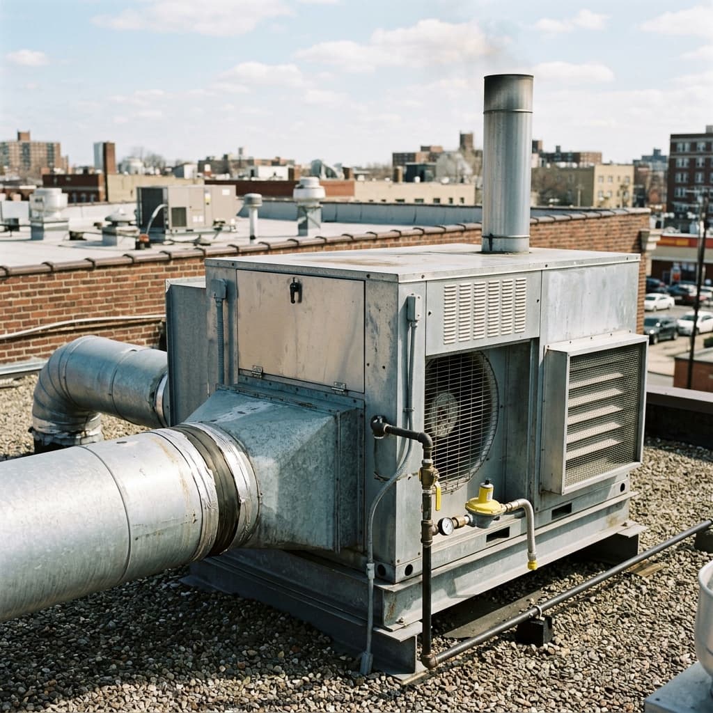 HVAC technician reviewing diagnostics on a tablet while servicing a commercial heating unit
