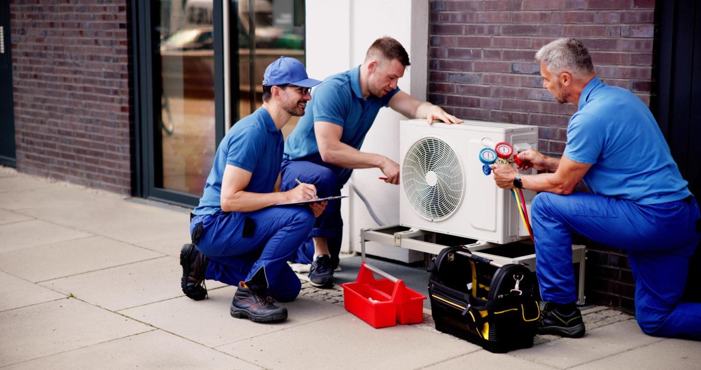 Three professional HVAC technicians in blue uniforms servicing a commercial outdoor air conditioning unit