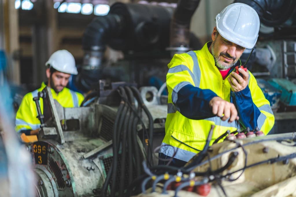 Licensed commercial electrician in hard hat and high-visibility jacket working on industrial electrical equipment