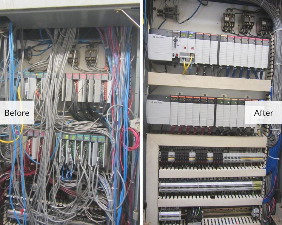 Before and after comparison of a commercial electrical control panel rewiring project