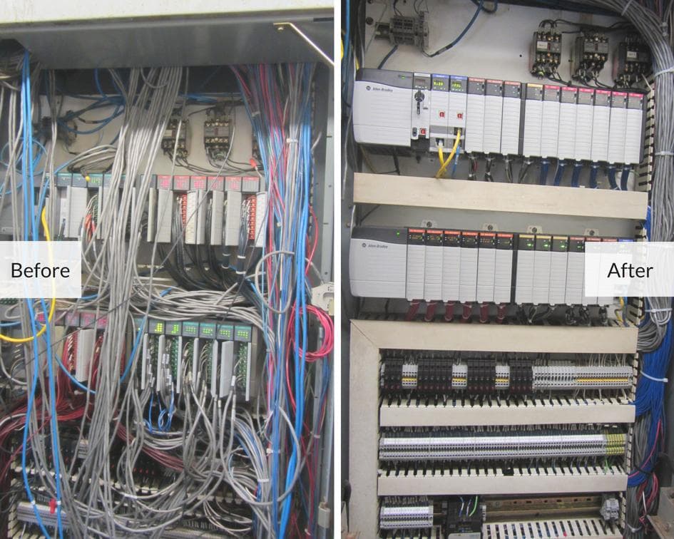 Before and after comparison of a commercial electrical control panel rewiring project