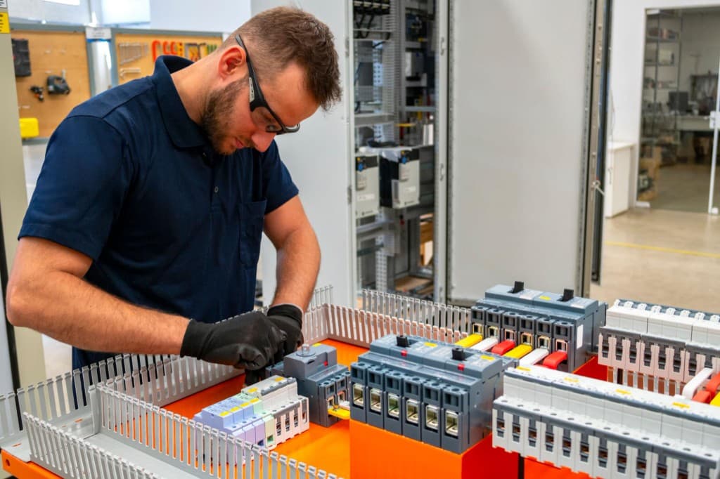 Electrician assembling a commercial electrical control panel in a workshop