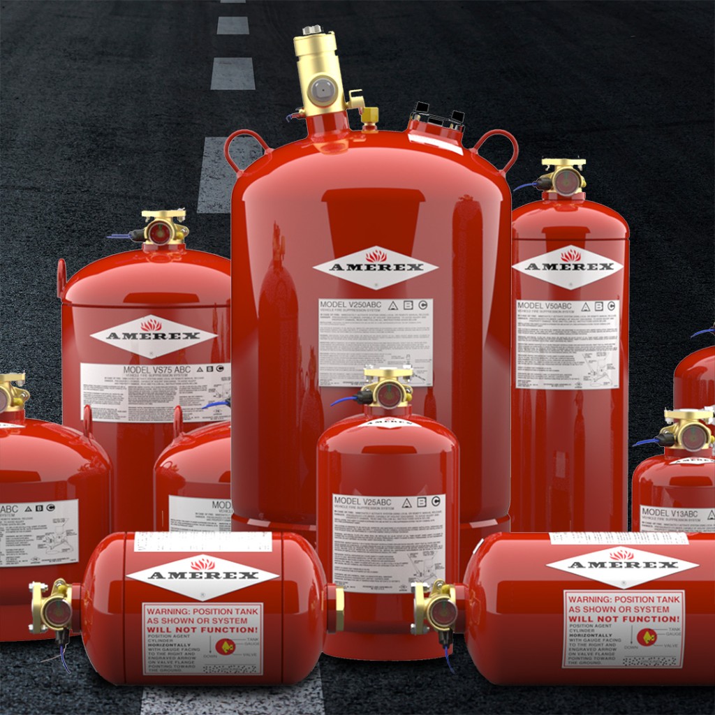 Amerex fire suppression tanks in multiple sizes with AMEREX branding