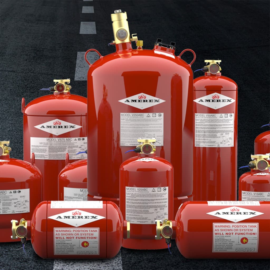 Amerex fire suppression tanks in multiple sizes with AMEREX branding