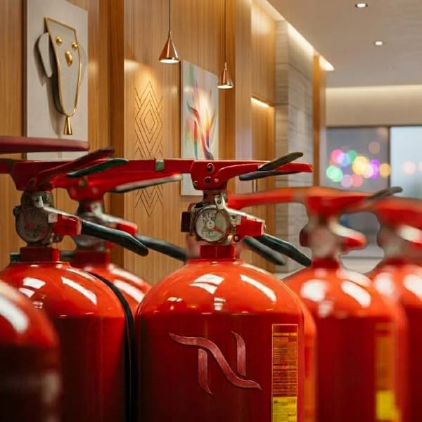 Row of red Buckeye fire extinguishers with pressure gauges and safety labels