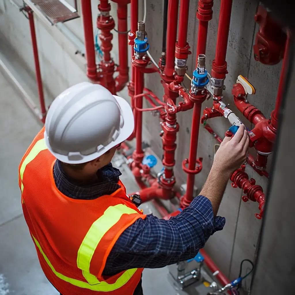 Technician in hard hat and safety vest servicing red fire suppression piping