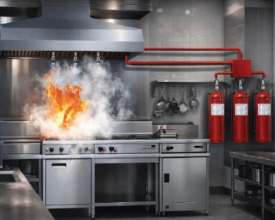 Commercial kitchen fire suppression system discharging suppressant over a cooking line fire