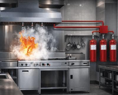 Commercial kitchen fire suppression system discharging suppressant over a cooking line fire