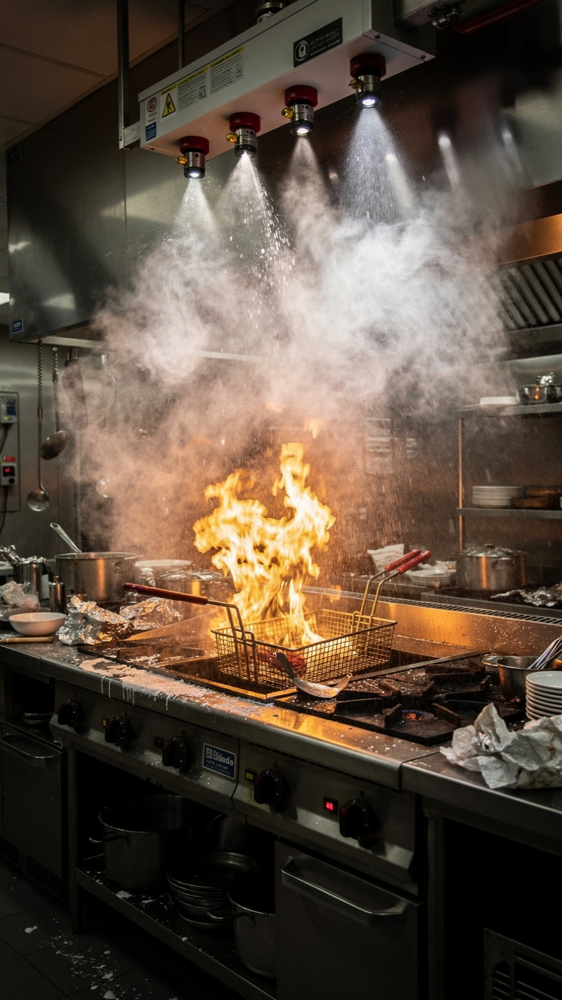 Firefighter using a fire extinguisher during commercial kitchen fire suppression training
