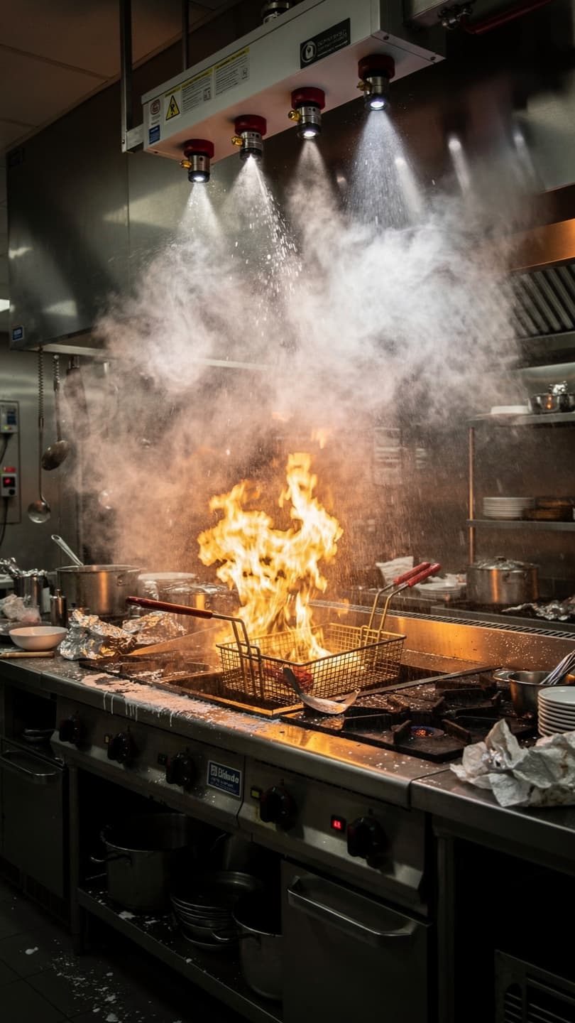 Firefighter using a fire extinguisher during commercial kitchen fire suppression training
