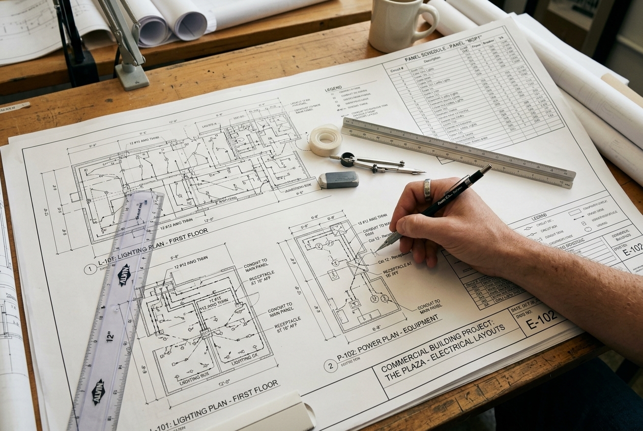 Commercial electrical blueprints spread on a drafting table with engineering tools