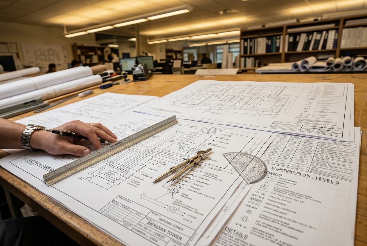 Commercial electrical blueprints spread on a drafting table with engineering tools