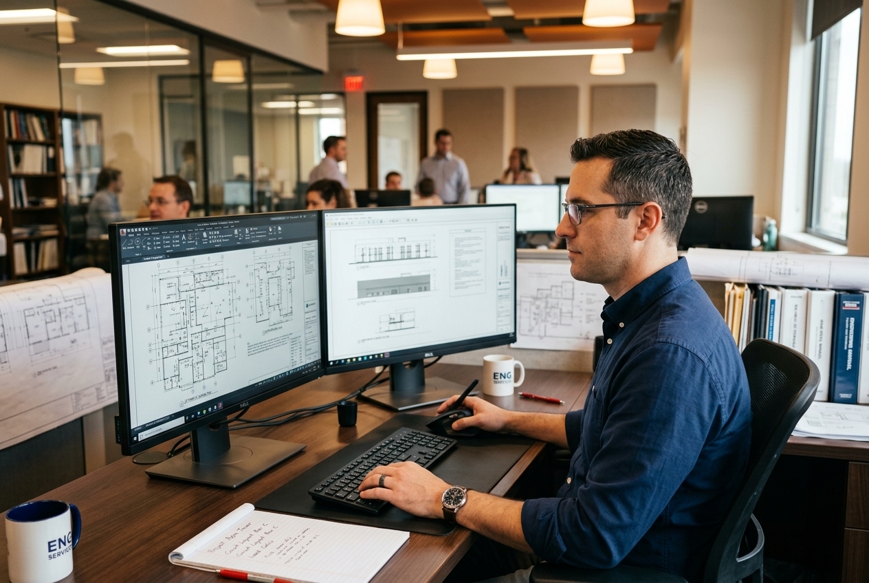 Engineer at dual-monitor workstation reviewing commercial electrical CAD drawings