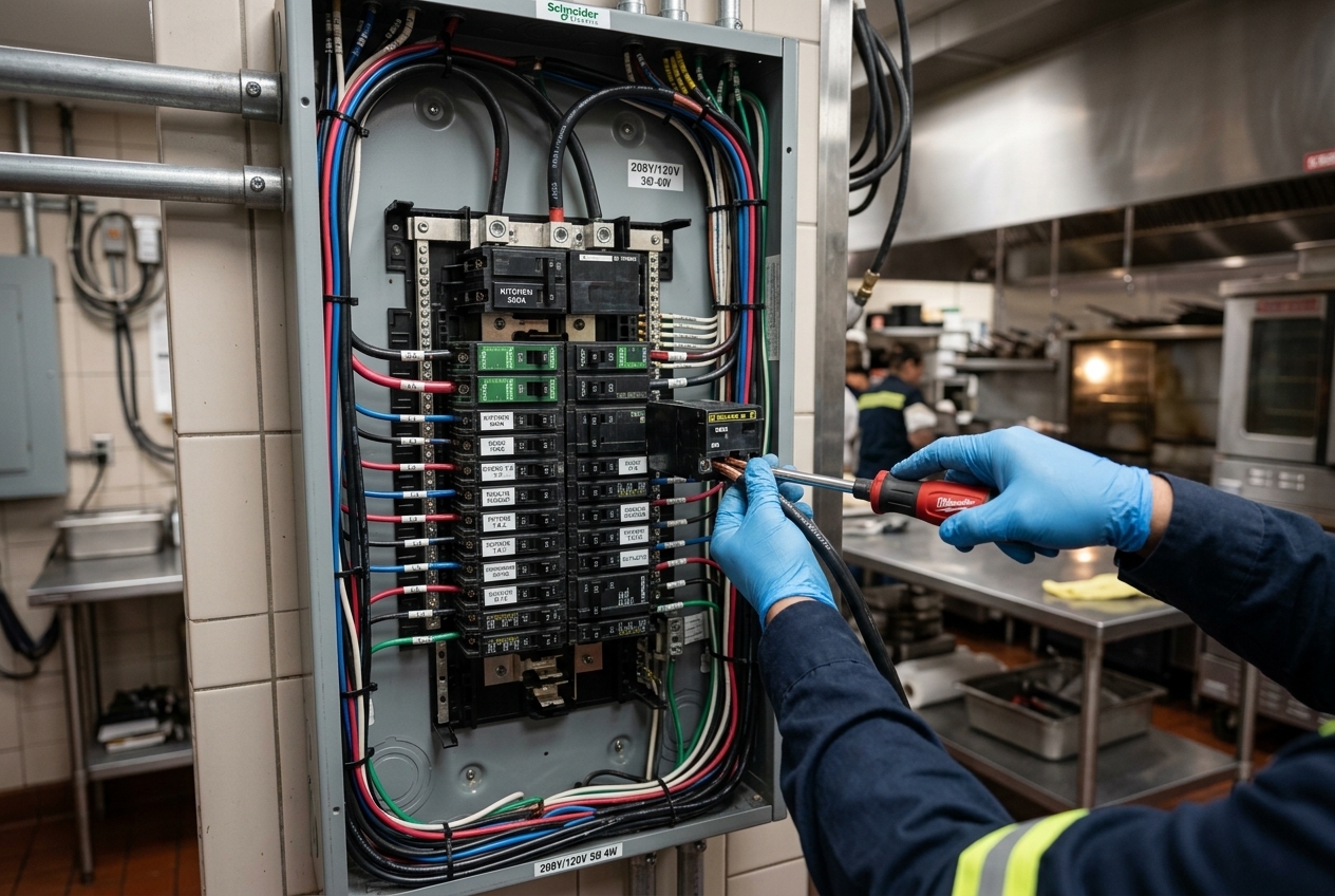 Electrician's hands connecting commercial wiring inside a breaker panel in a commercial kitchen