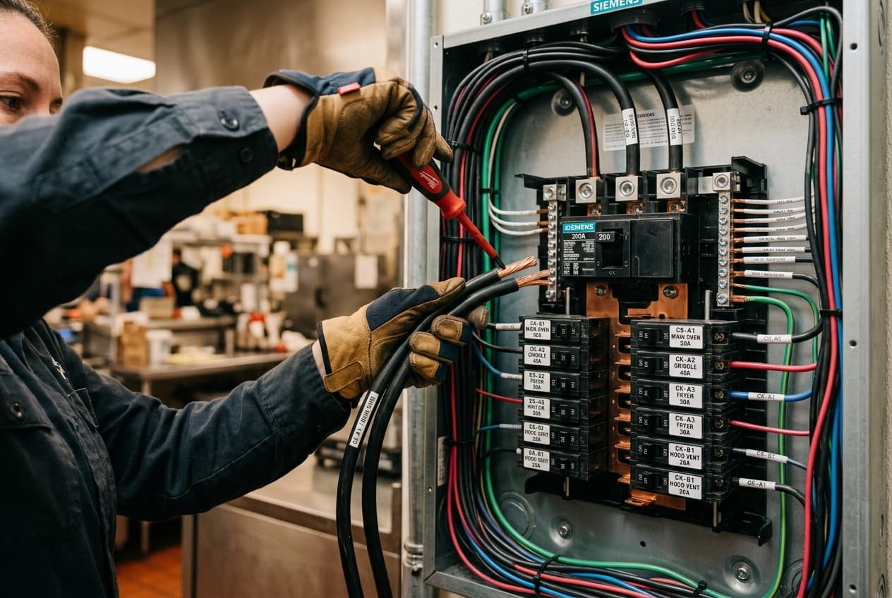 Electrician's hands connecting commercial wiring inside a breaker panel in a commercial kitchen