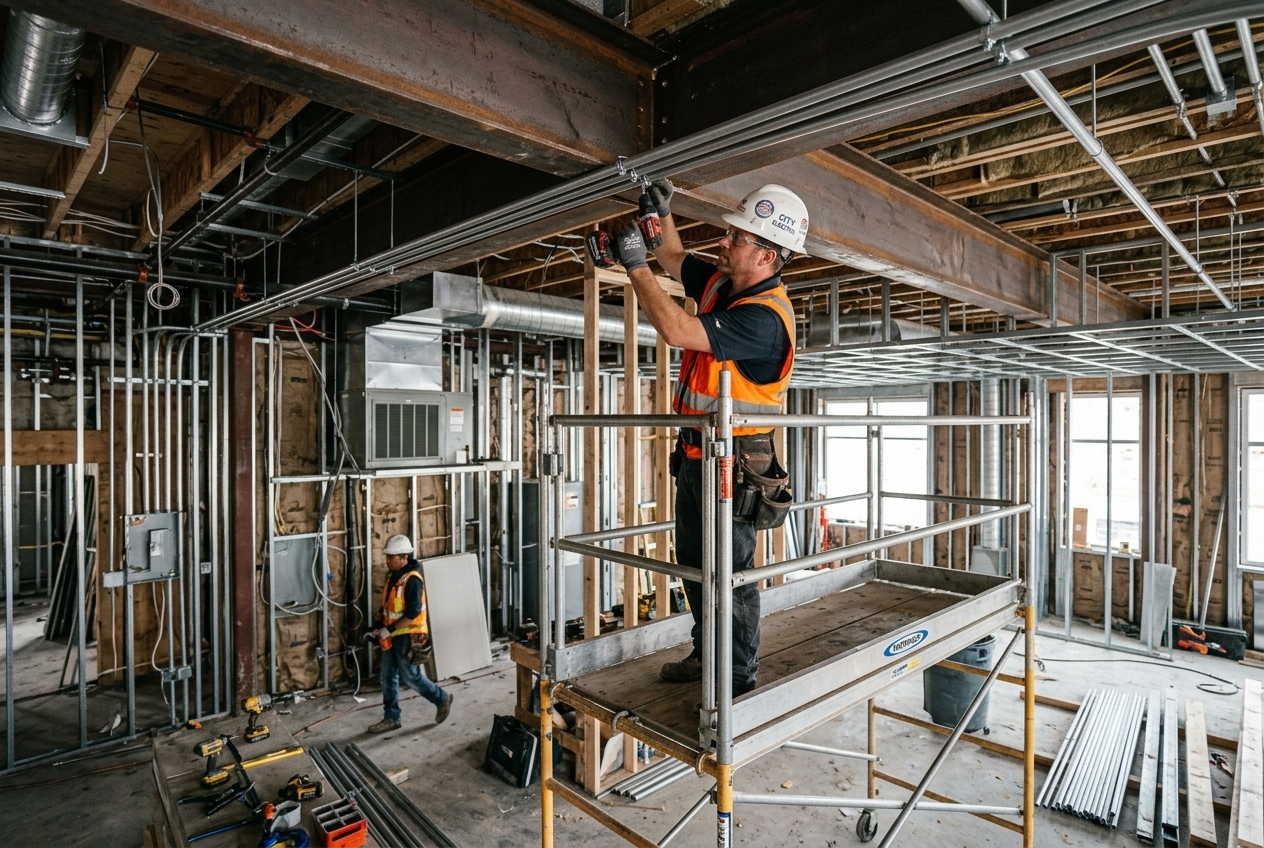 Licensed electrician in hard hat running conduit along the ceiling of a commercial kitchen under construction