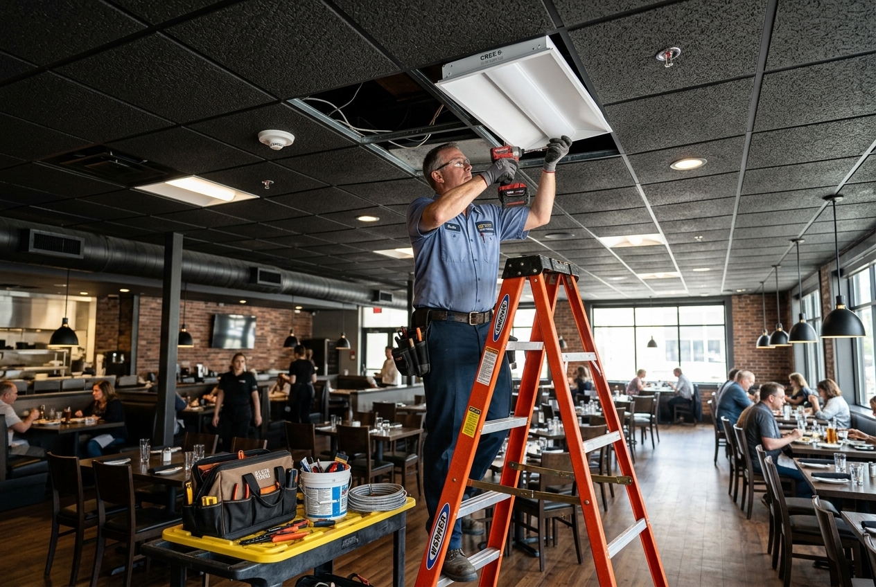 Electrician on a ladder installing a commercial LED light fixture in a restaurant ceiling