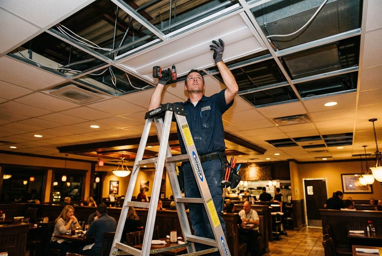 Electrician on a ladder installing a commercial LED light fixture in a restaurant ceiling