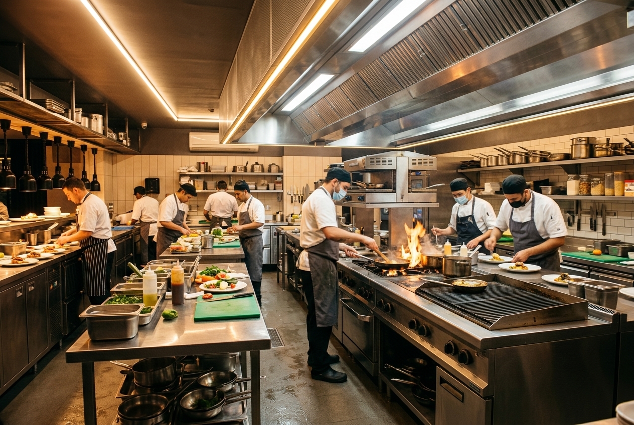 Bright modern commercial restaurant kitchen with professional LED lighting throughout