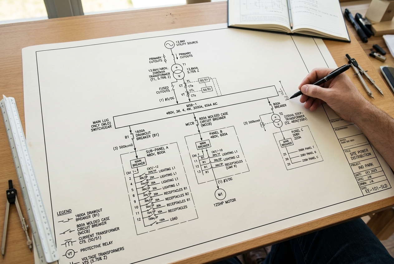 Detailed electrical one-line diagram on drafting table with engineering compass