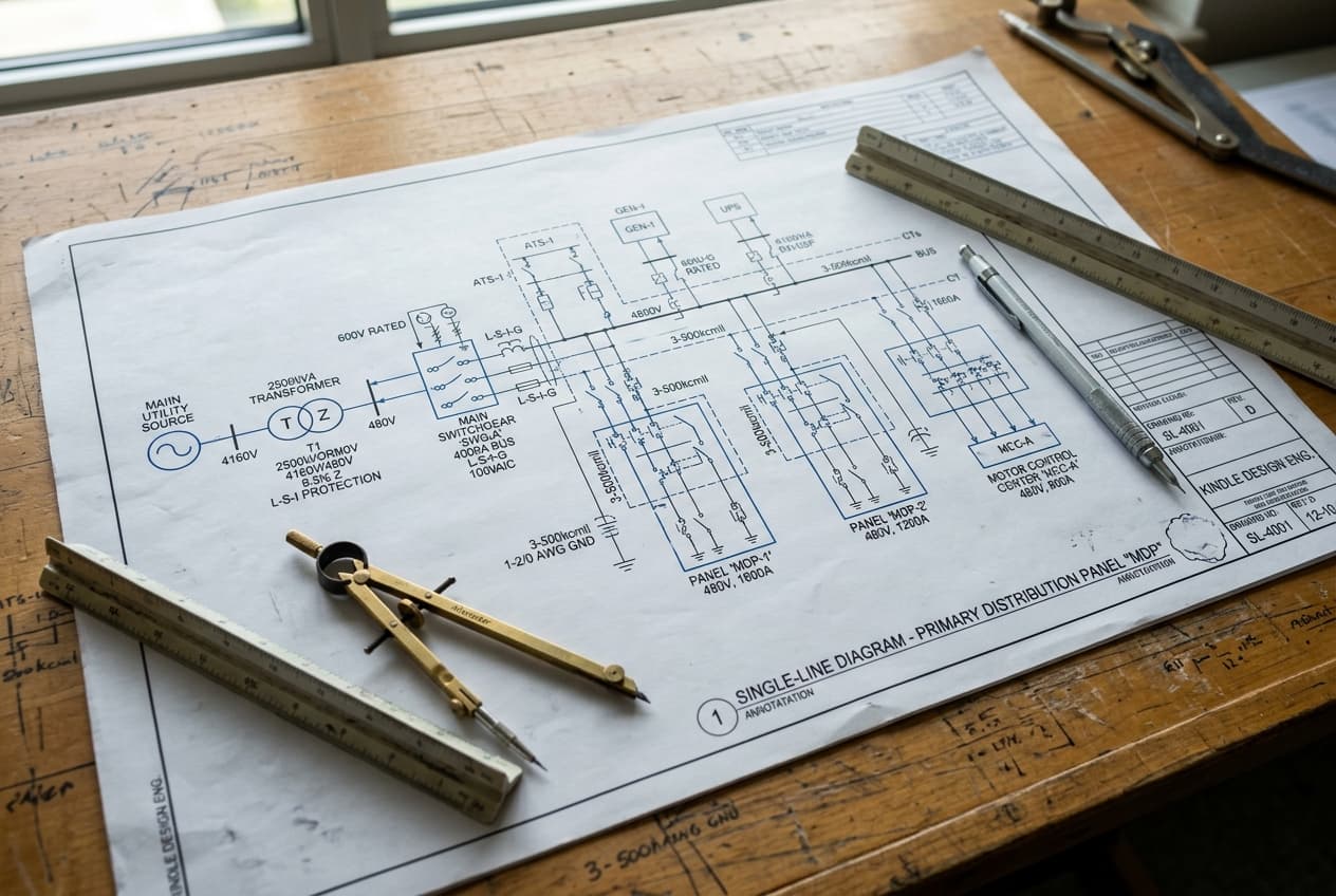 Detailed electrical one-line diagram on drafting table with engineering compass