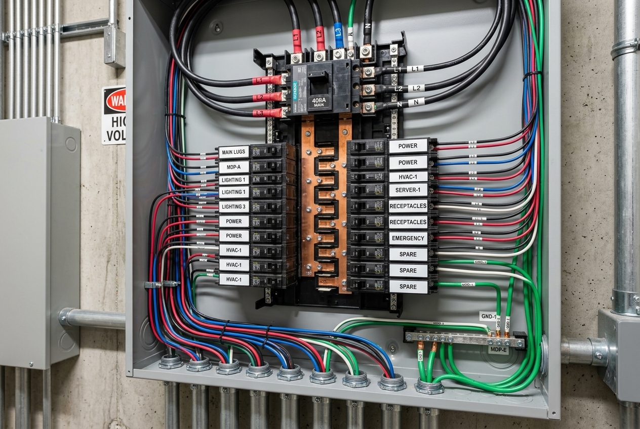 Brand new commercial electrical main distribution panel with labeled circuit breakers