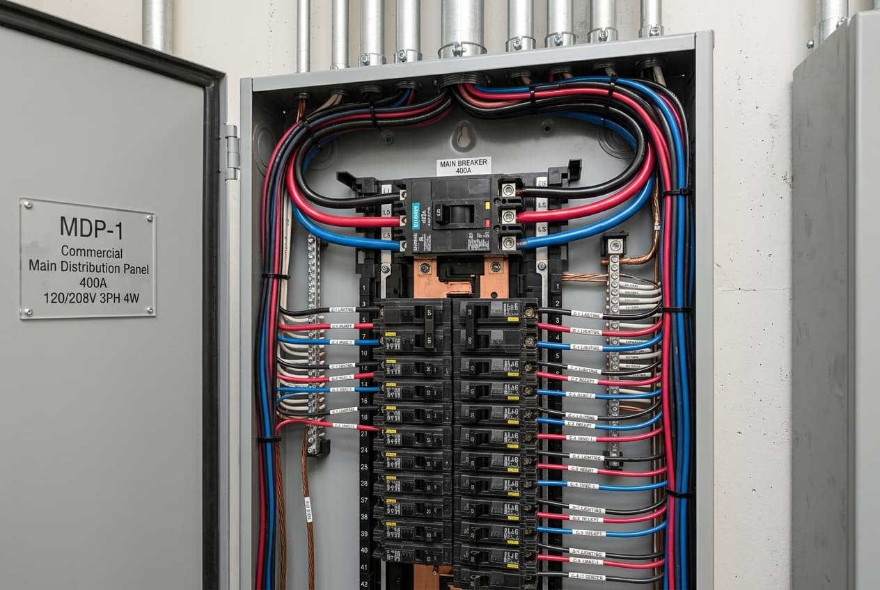 Brand new commercial electrical main distribution panel with labeled circuit breakers
