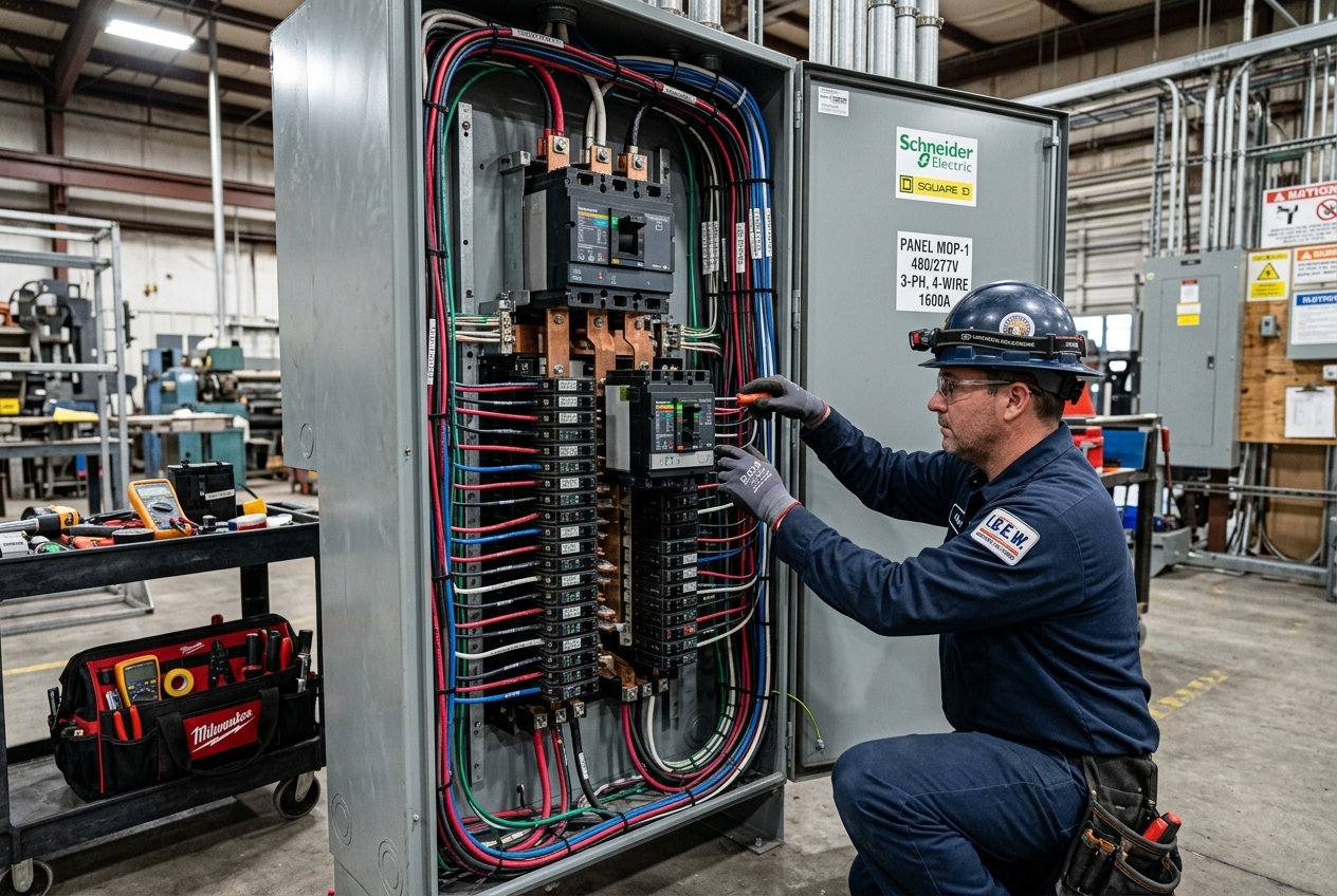 Electrician upgrading a large commercial electrical service panel