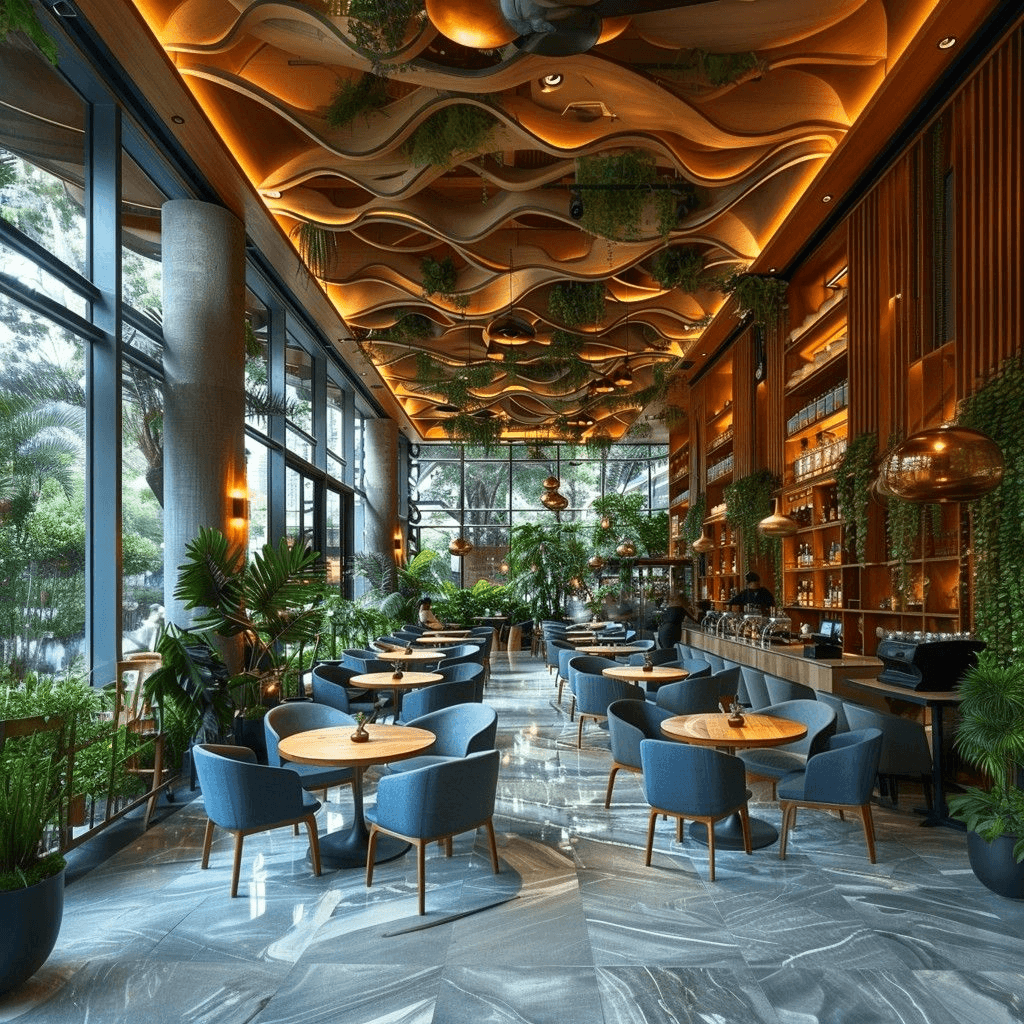 Modern restaurant interior with warm lighting and booth seating