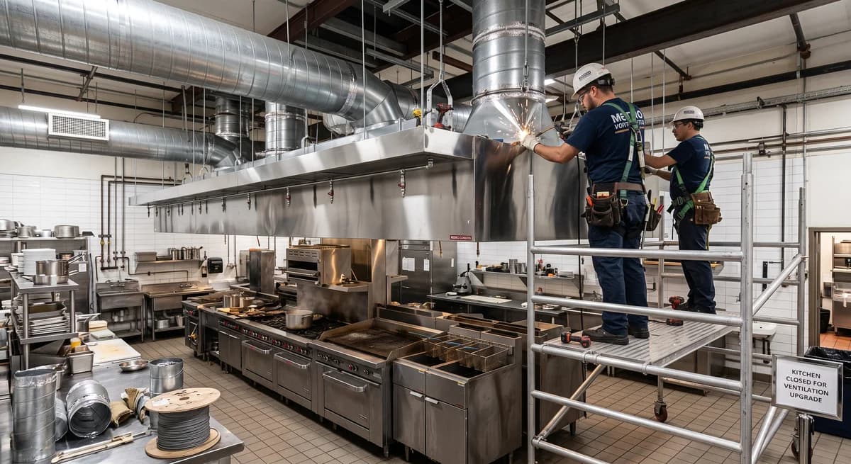 Completed commercial kitchen exhaust hood with fire suppression nozzles and grease filters installed by Hood Builder